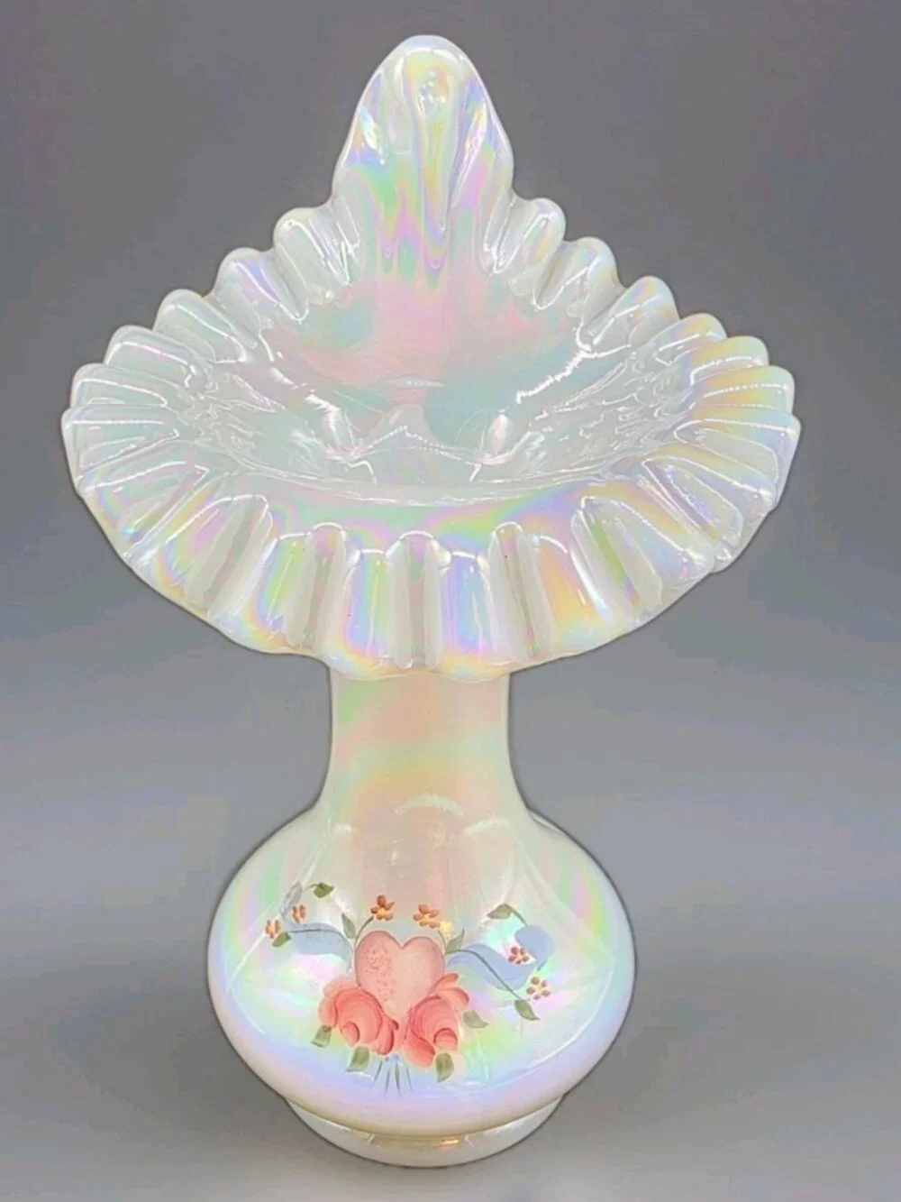 Vintage Fenton White Iridescent Jack in the Pulpit Ruffled Vase Signed, Numbered
